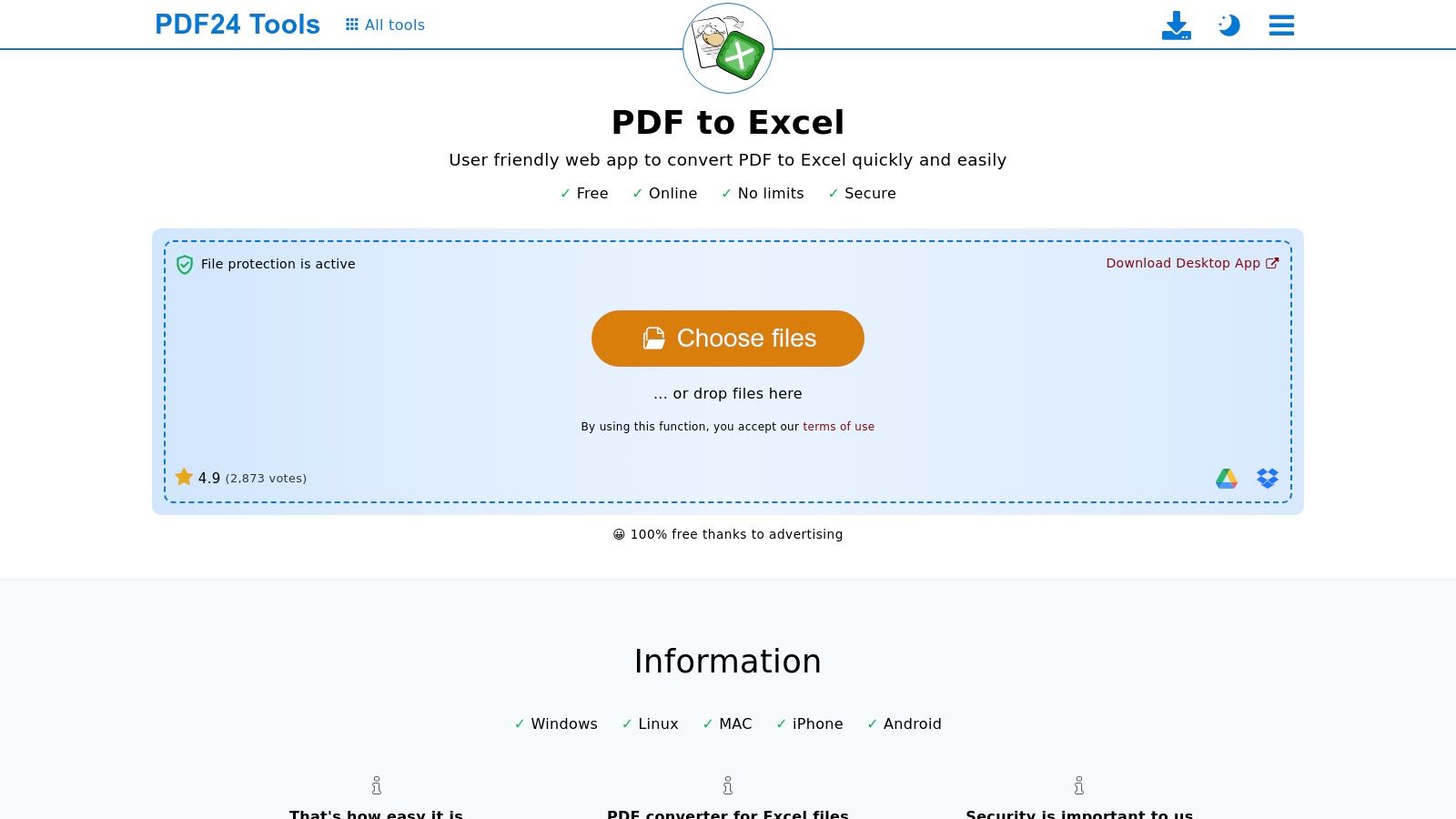 Интерфейс PDF24 Tools для конвертации PDF в Excel