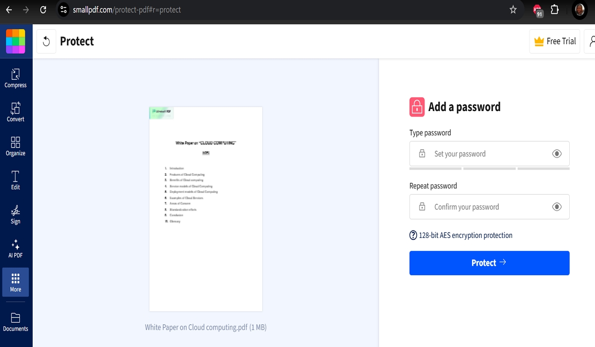 Smallpdf Protect PDF: поля пароля и кнопка Protect