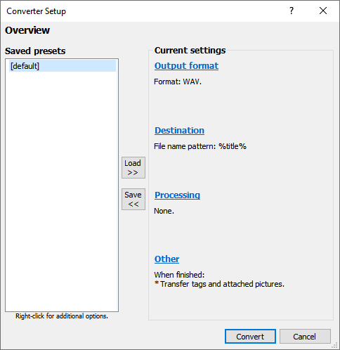 Окно Converter Setup в foobar2000