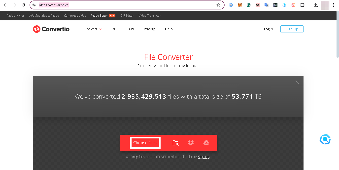 Интерфейс Convertio с кнопкой Choose Files для загрузки файла