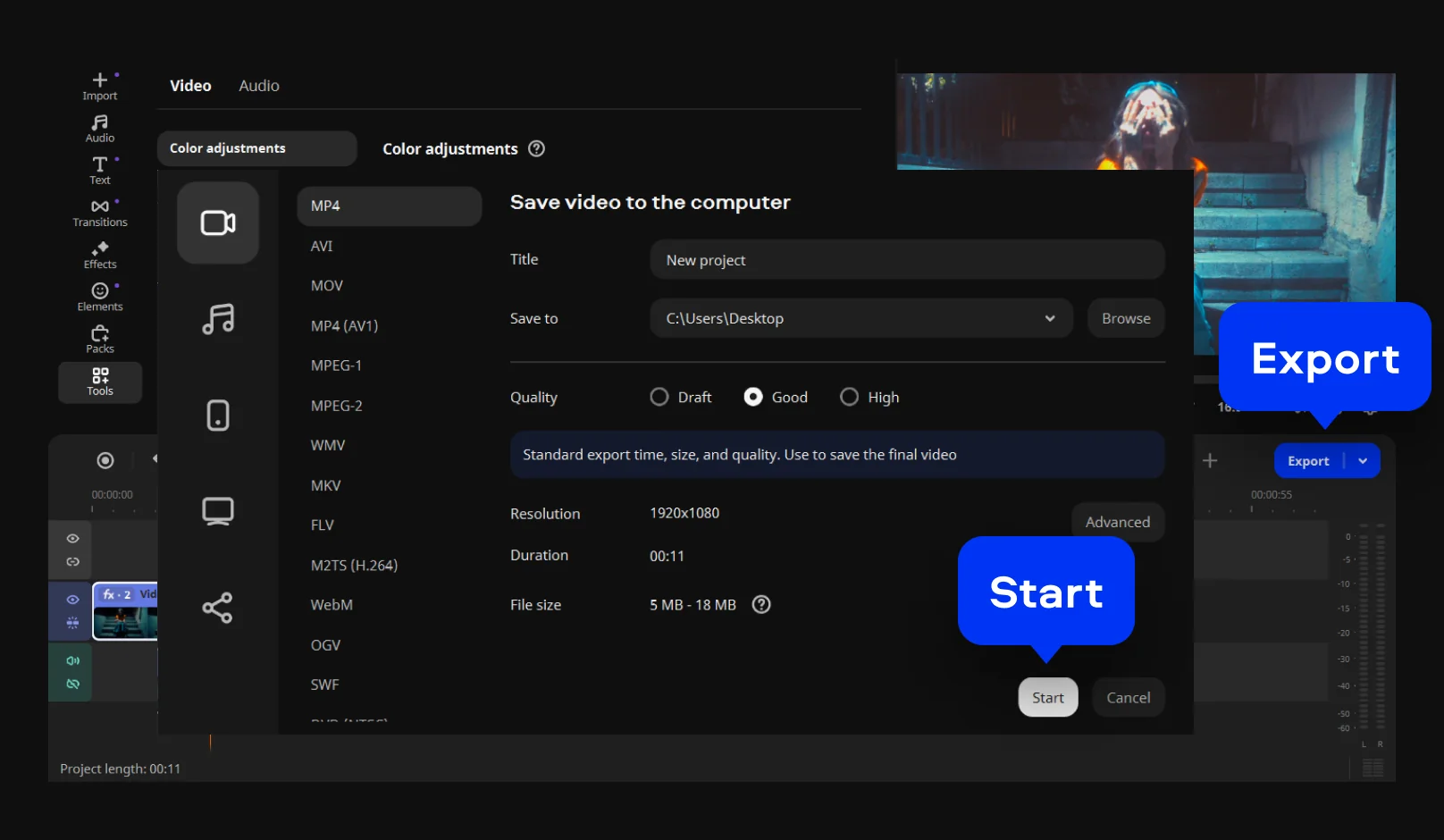 Окно экспорта Movavi Video Editor с выбором качества и разрешения