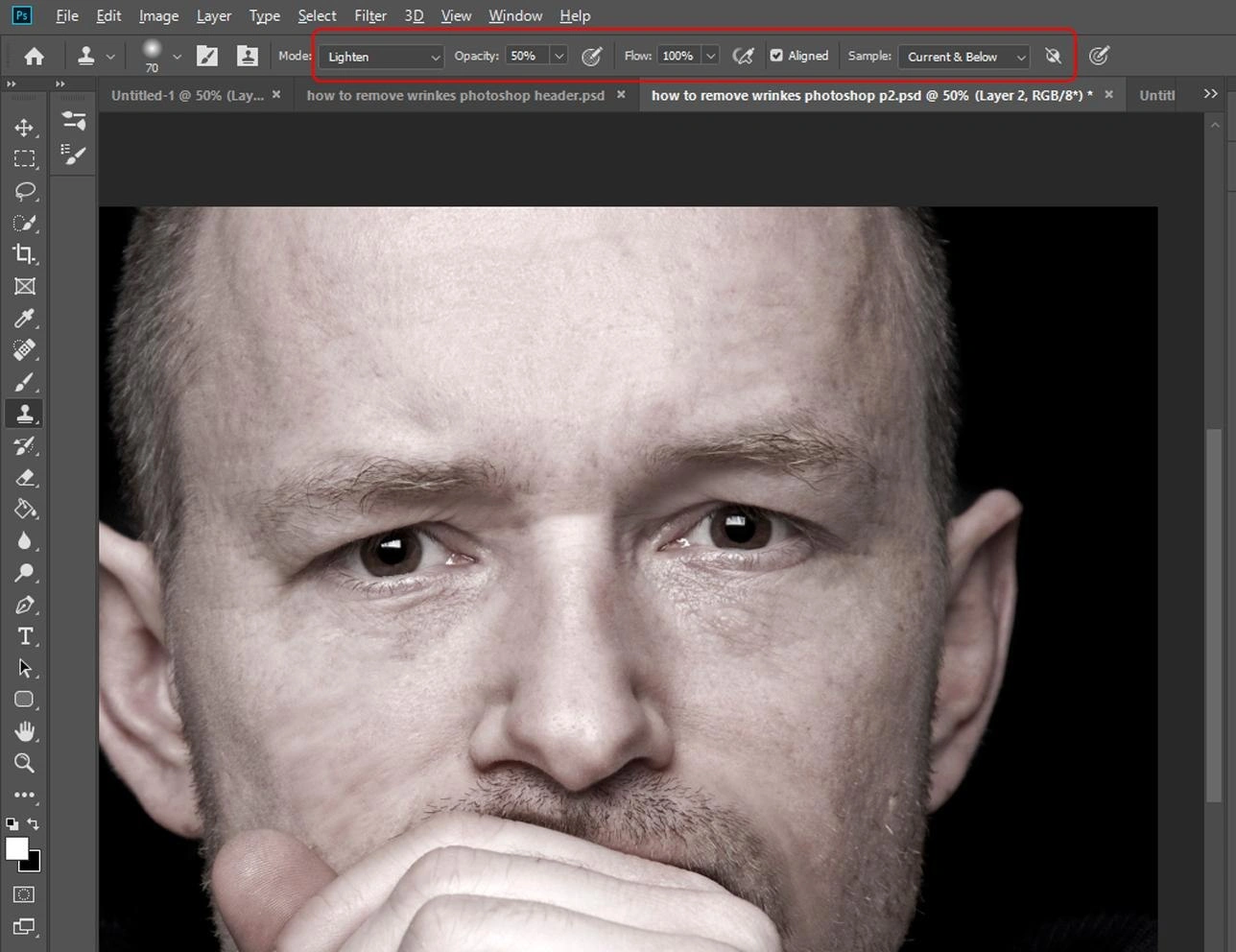 Настройки Штампа и выбор образца в Photoshop