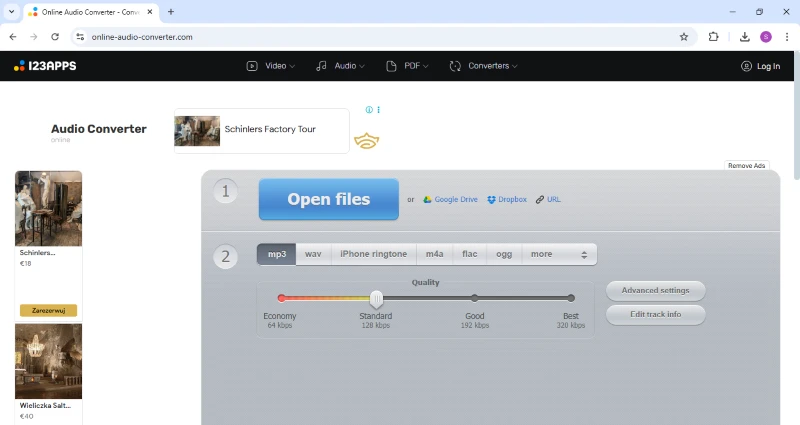 Интерфейс 123apps Online Audio Converter с кнопкой Open files, выбором формата и качества