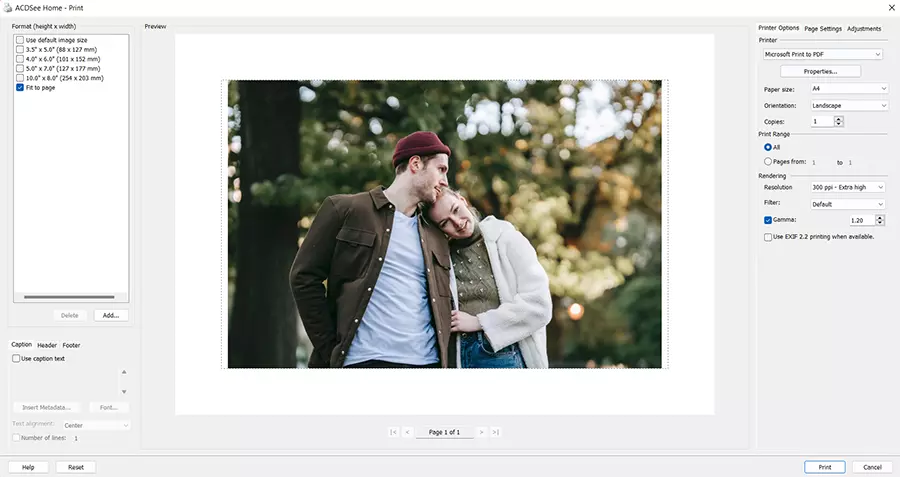 Окно печати ACDSee Photo Studio