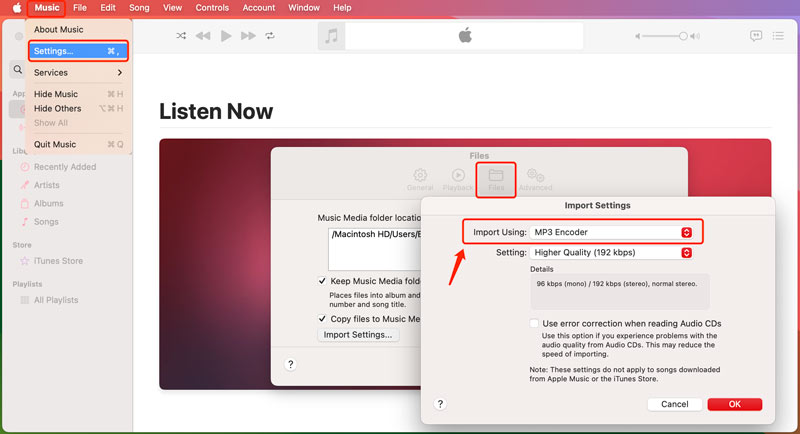 Настройки MP3 Encoder в приложении Музыка на Mac