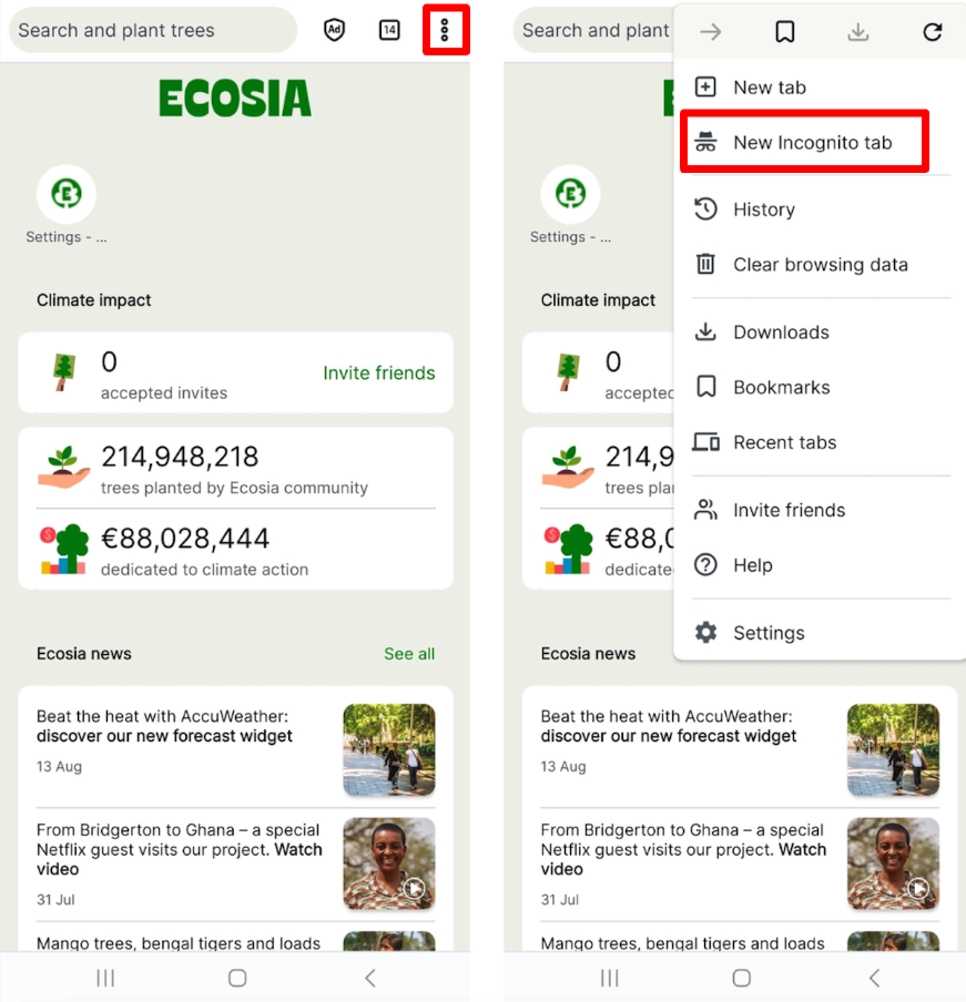 Меню Ecosia Browser на Android с командой New Incognito tab