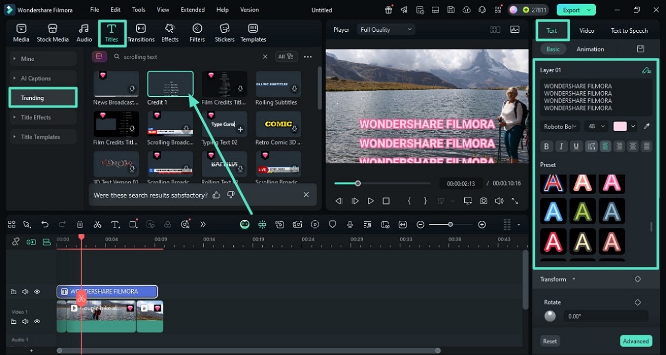 Выбор scrolling title и редактирование текста в Filmora