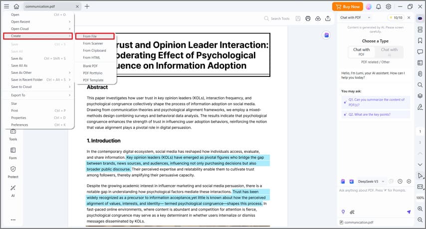 Окно PDFelement для создания PDF из файла