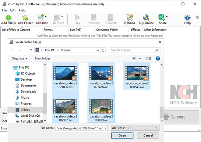 Prism Video Converter: окно Add File(s) для выбора исходных видео