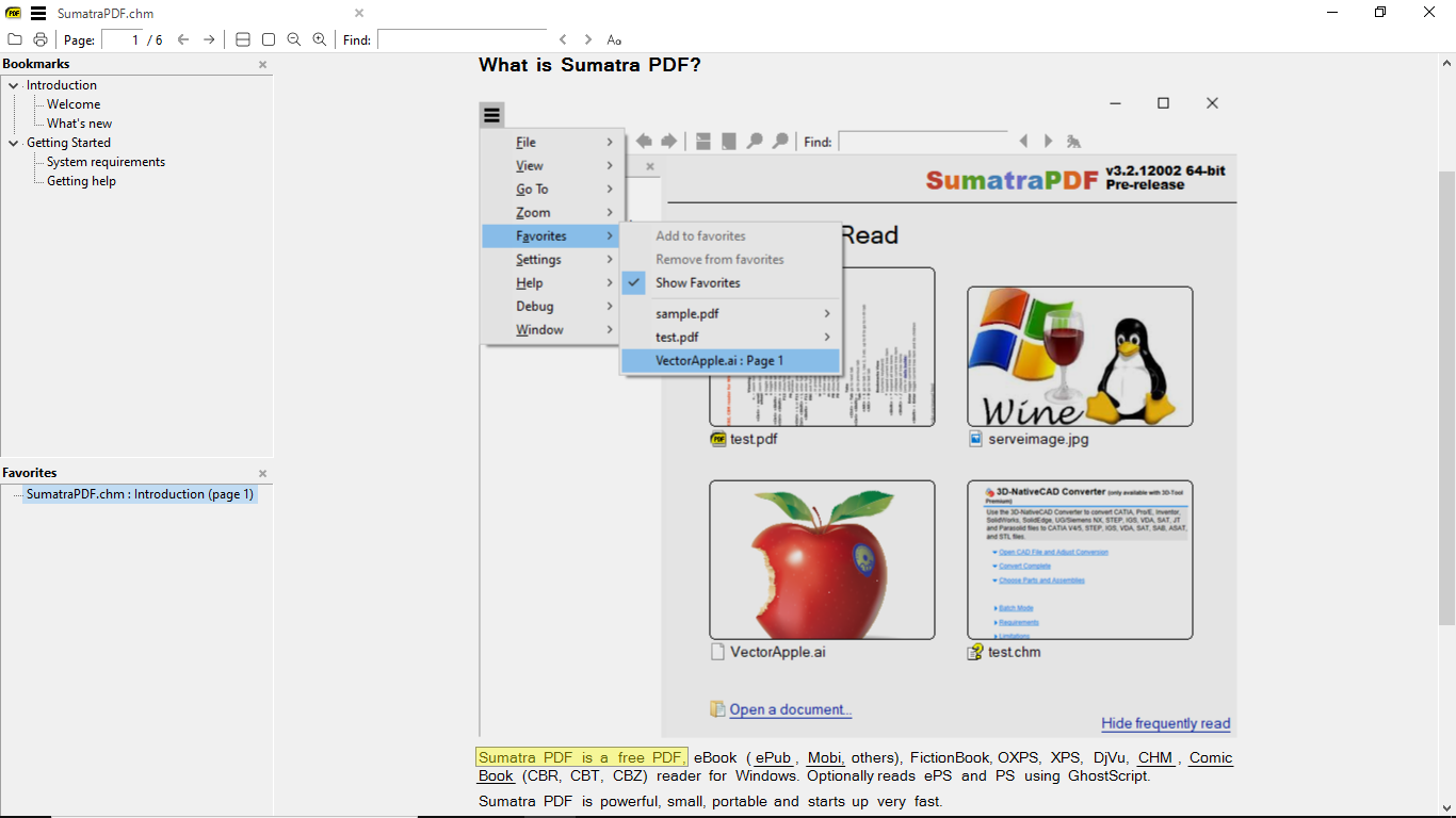 Интерфейс SumatraPDF с открытым документом и панелью закладок