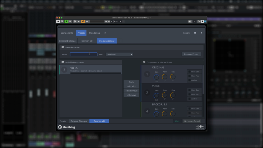 Вкладка Presets в Renderer for MPEG-H в Nuendo с компонентами и параметрами интерактивности