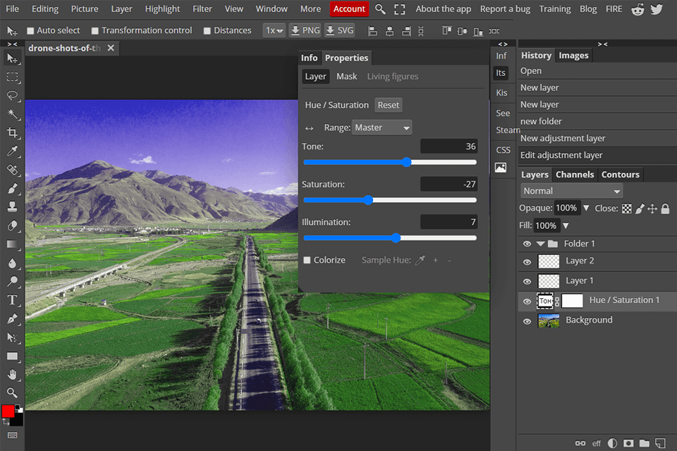 Интерфейс Photopea с корректирующим слоем Hue Saturation