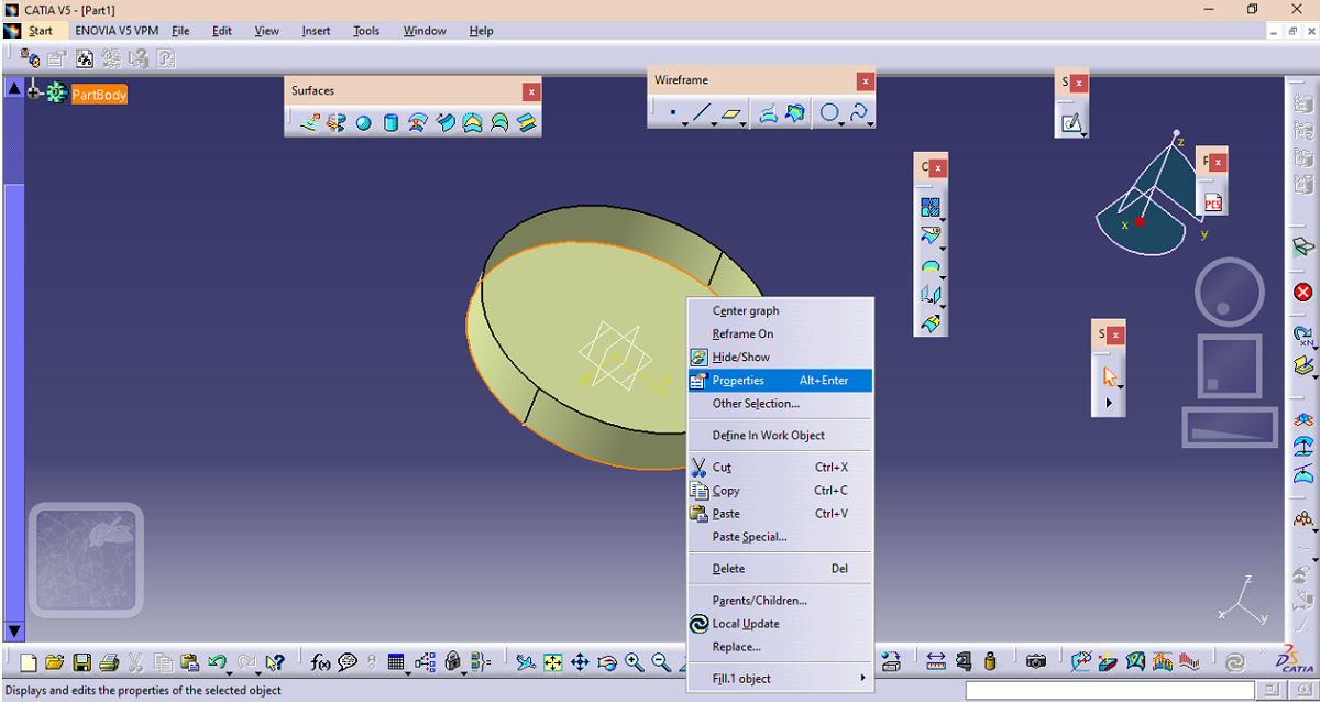 CATIA V5: контекстное меню Properties для выбранной поверхности