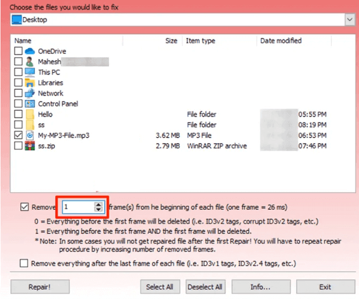Интерфейс MP3 Repair Tool с выбором количества удаляемых кадров и кнопкой Repair