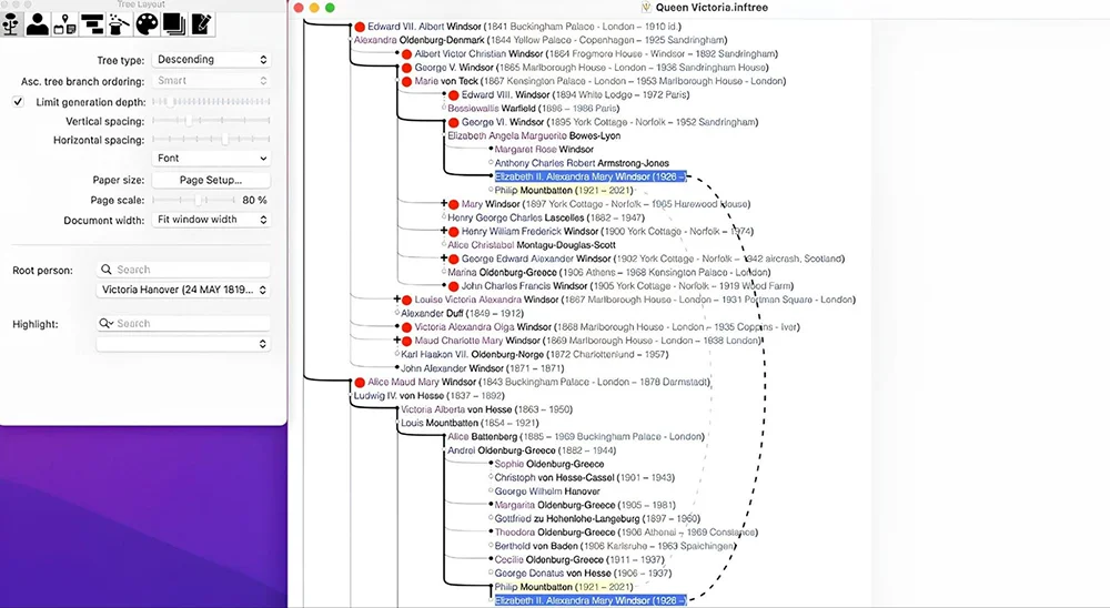 Интерфейс Infinite Family Tree Explorer с большим семейным деревом
