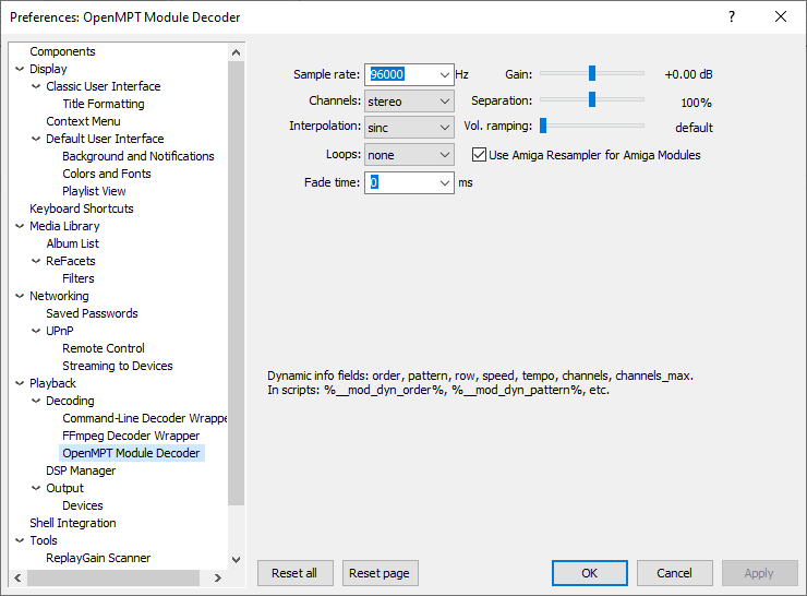 Настройки OpenMPT Module Decoder в foobar2000 с частотой дискретизации, каналами, интерполяцией и параметрами loop