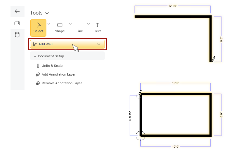 Интерфейс SmartDraw с инструментом Add Wall и размерами стен