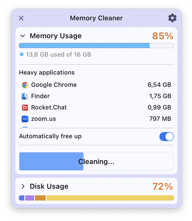 Процесс очистки RAM в Nektony Memory Cleaner: кнопка Free up Memory переходит в состояние Cleaning