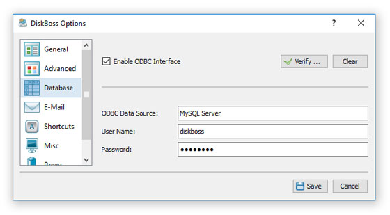 Настройки SQL Database Integration в DiskBoss