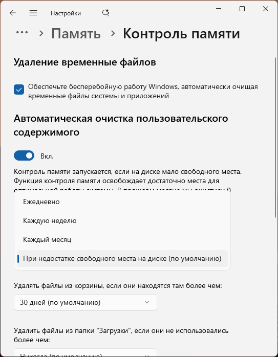 Настройки Контроля памяти в Windows 11