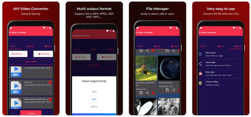 Интерфейс мобильного приложения AVI to MP4 Converter для Android