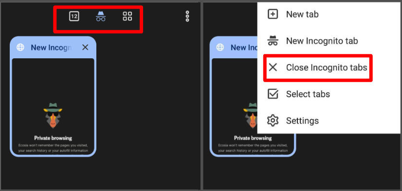Переключатель вкладок Ecosia Browser и команда Close Incognito tabs