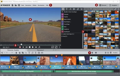 Программная поверхность MAGIX Photostory Deluxe с обозначенными зонами интерфейса