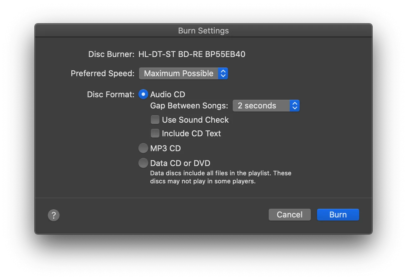 Окно Burn Settings в приложении Music на macOS