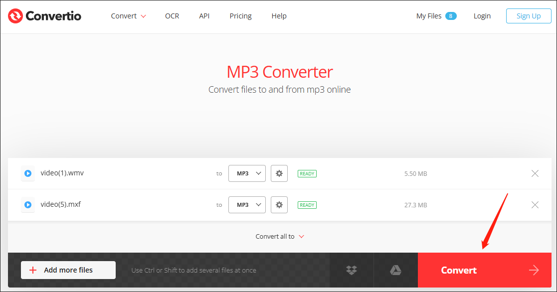 Очередь Convertio с WMV и выходом MP3