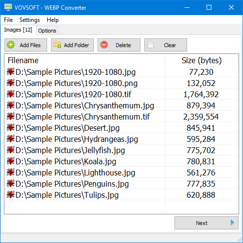 Главное окно Vovsoft WEBP Converter со списком файлов, кнопками Add Files, Add Folder, Delete и Clear