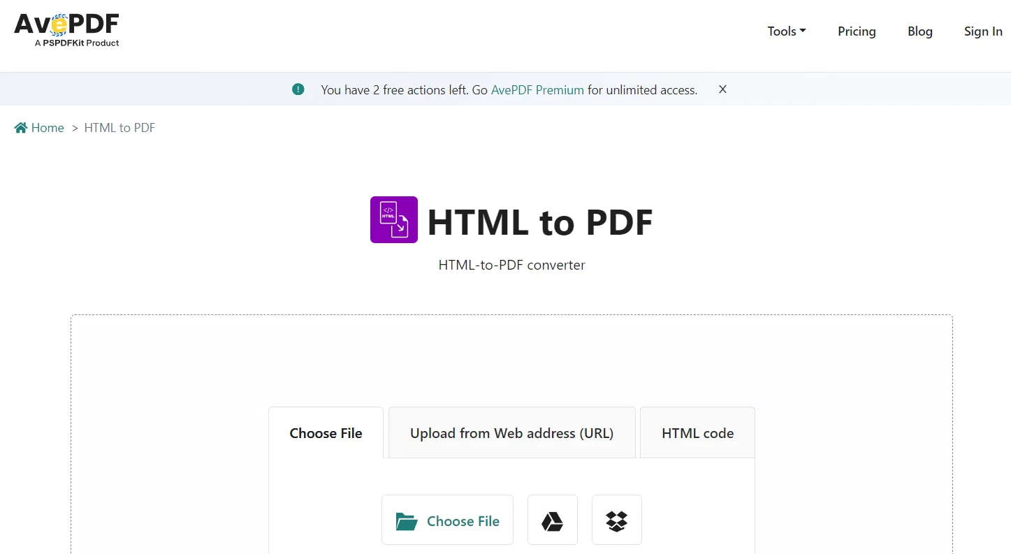 Интерфейс AvePDF HTML to PDF с режимами File, URL и HTML code