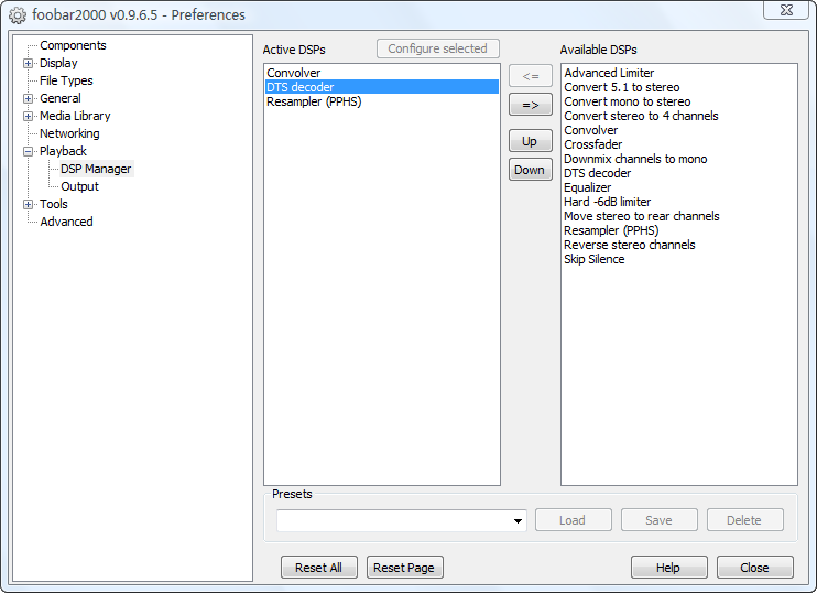 Preferences foobar2000 с компонентом DTS Decoder
