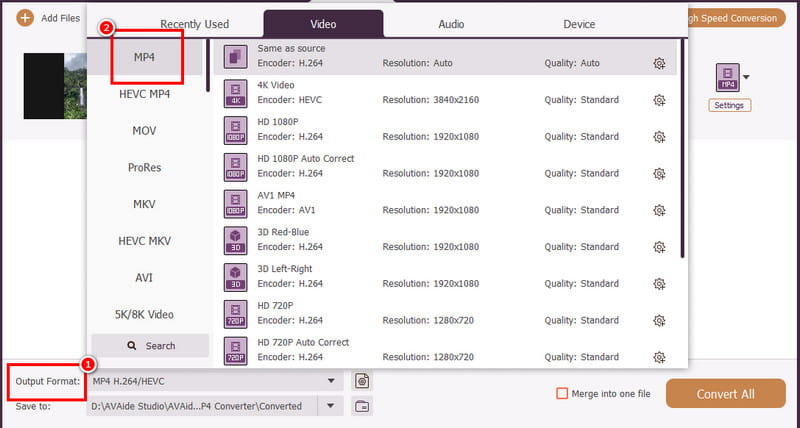 Выбор MP4 в AVAide Video Converter