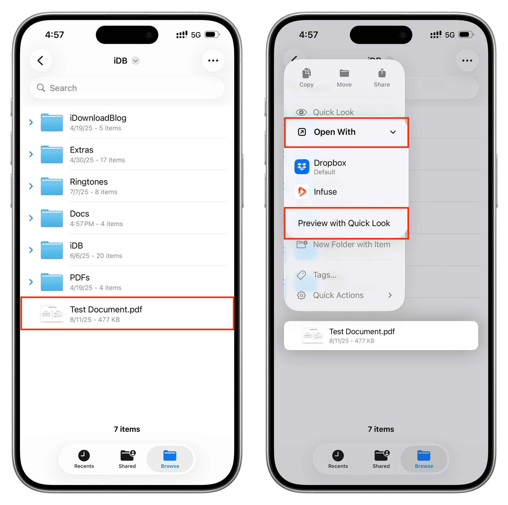 Меню открытия PDF в приложении Файлы на iPhone