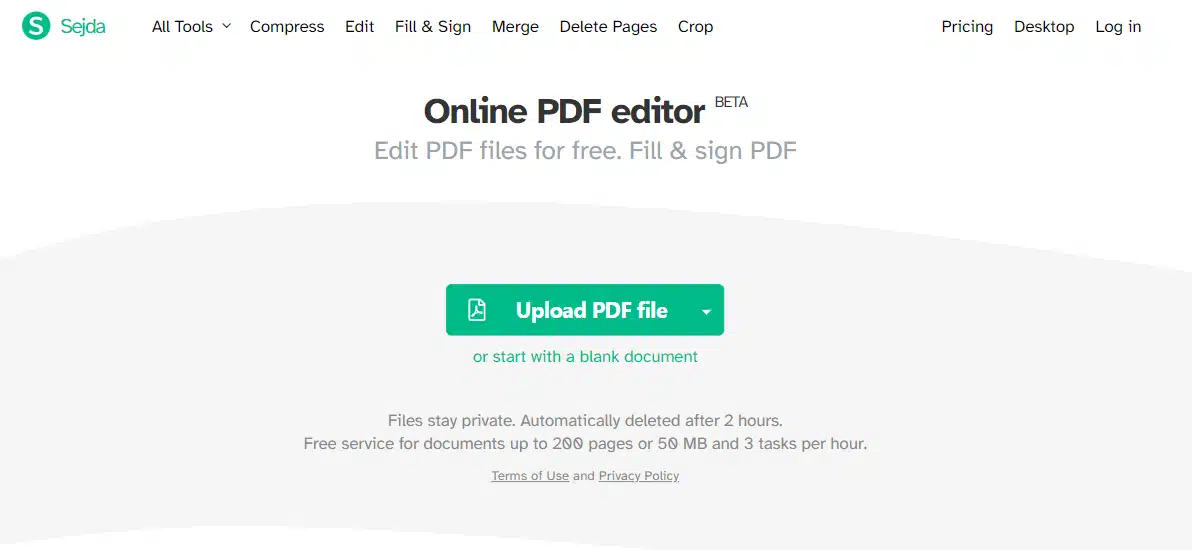 Онлайн-интерфейс Sejda PDF Editor