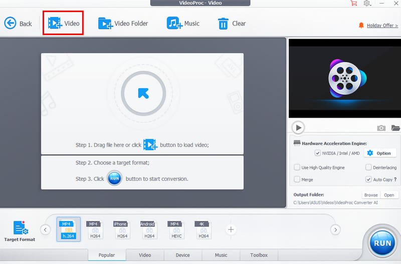 Окно VideoProc Converter с добавлением видео