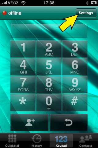 Главный экран Acrobits Softphone с кнопкой Settings