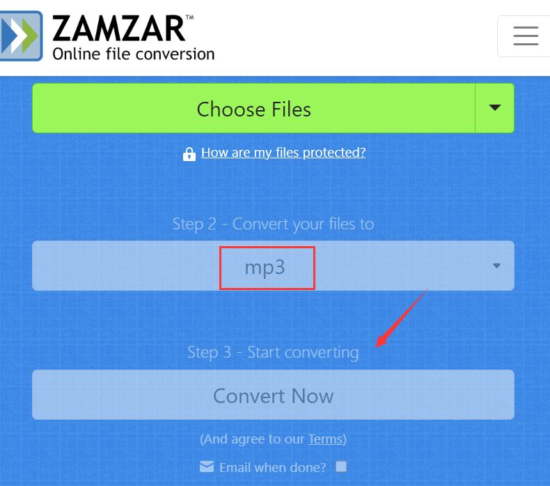 Zamzar: выбор файла, целевого MP3 и запуск Convert Now