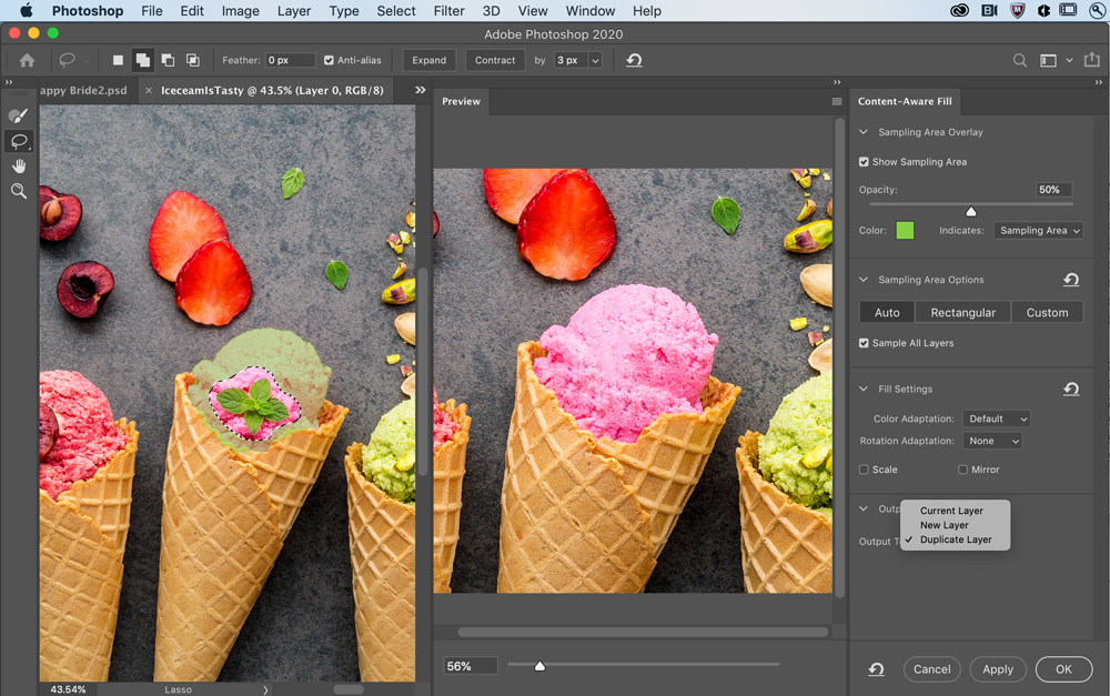 Рабочее пространство Content-Aware Fill в Adobe Photoshop с настройками области выборки и вывода