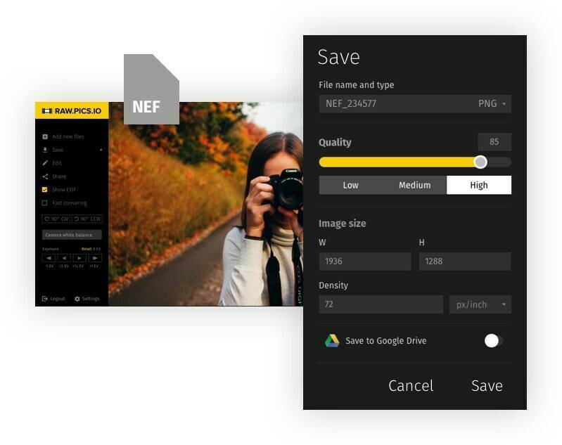 Интерфейс Raw.Pics.io при преобразовании Nikon NEF в JPEG