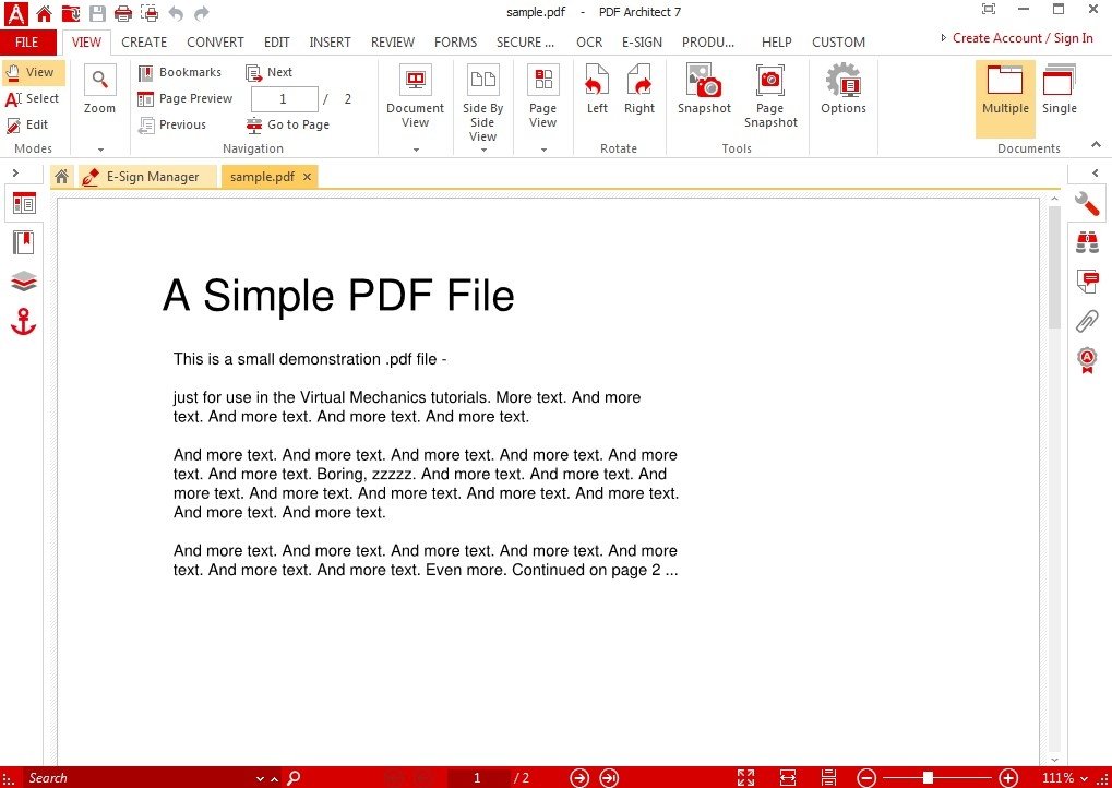 Открытый PDF-документ в PDF Architect с вкладкой View и панелью навигации