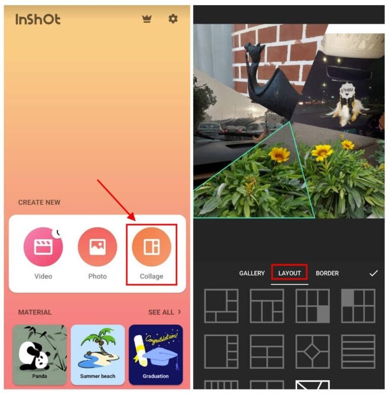 Интерфейс InShot: режим Collage и выбор Layout