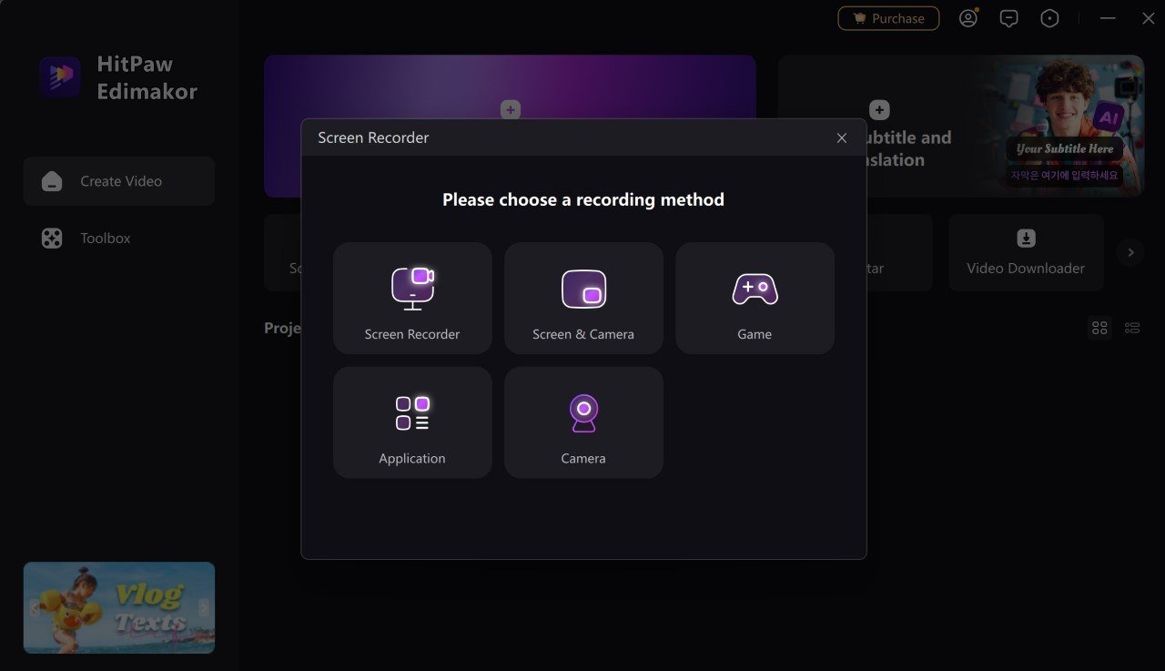 Окно выбора режима записи в HitPaw Edimakor Screen Recorder