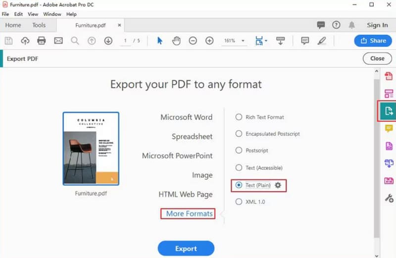 Выбор Text Plain в Adobe Acrobat