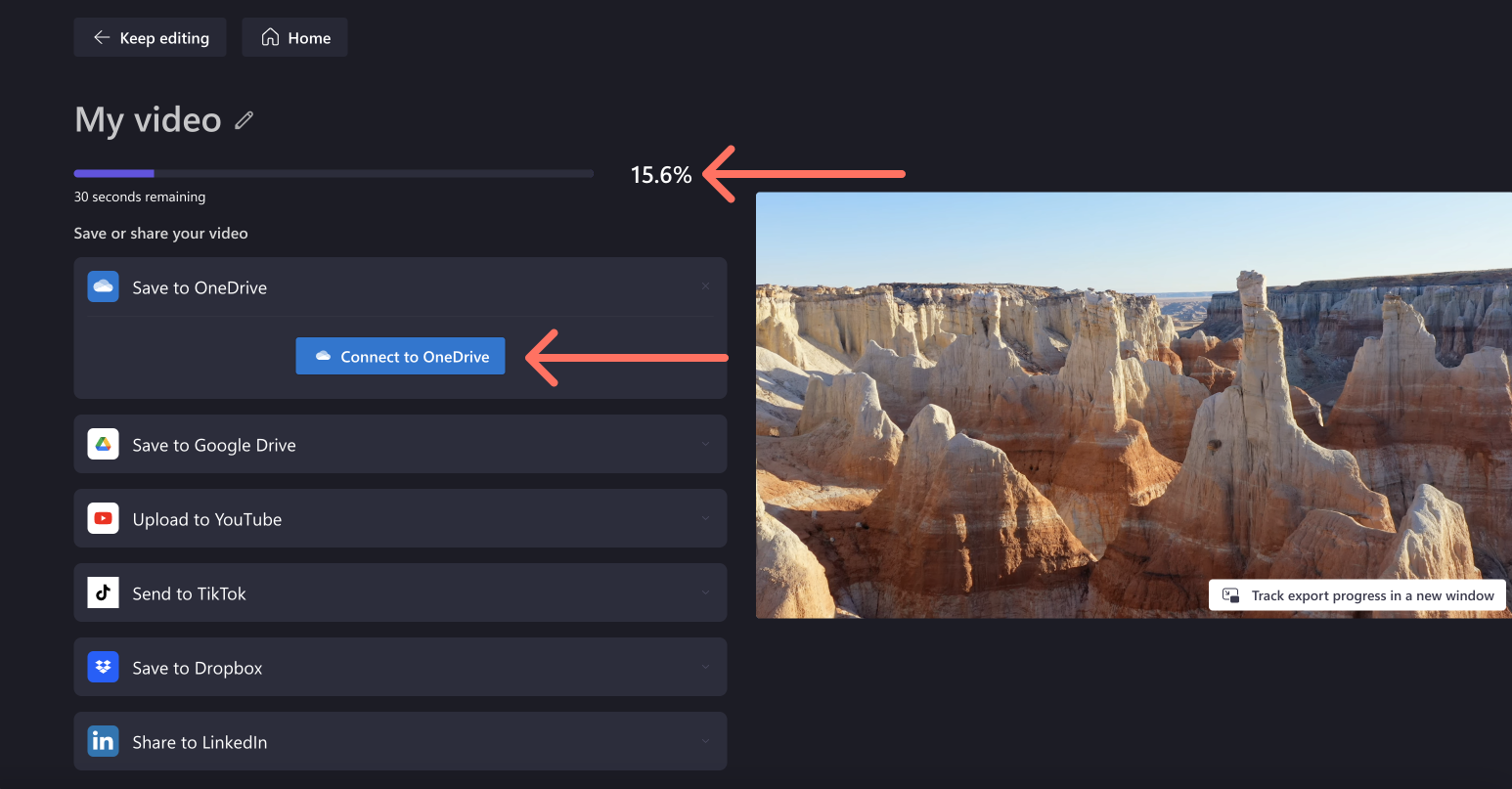 Экспорт и варианты сохранения видео в Microsoft Clipchamp