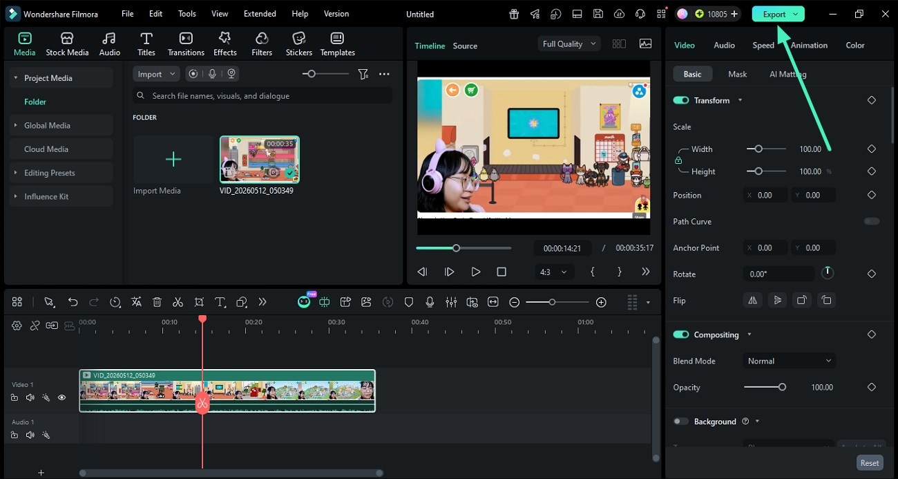 Записанный материал на таймлайне Wondershare Filmora и кнопка Export