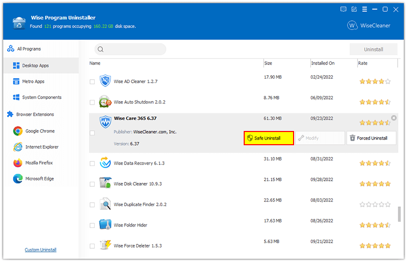 Выбор программы и кнопка Safe Uninstall в Wise Program Uninstaller