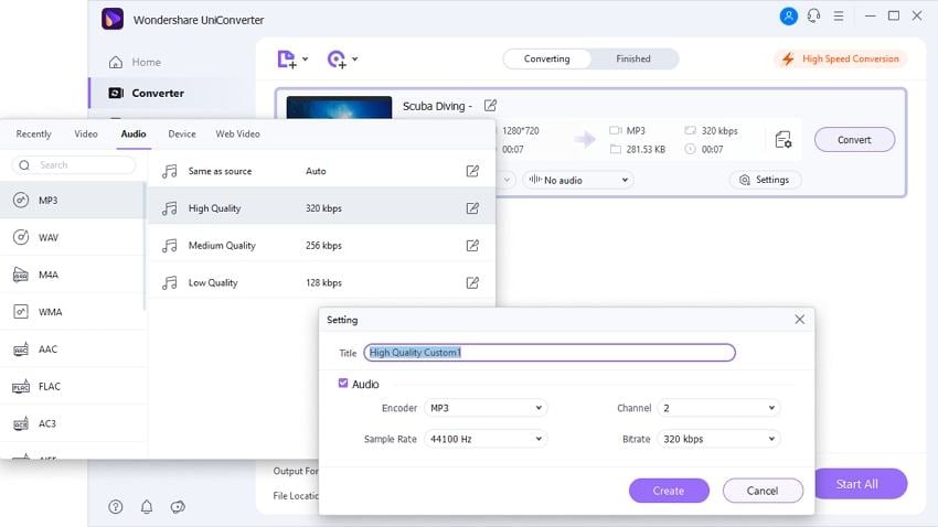 Wondershare UniConverter — MP3, bitrate, sample rate и channels