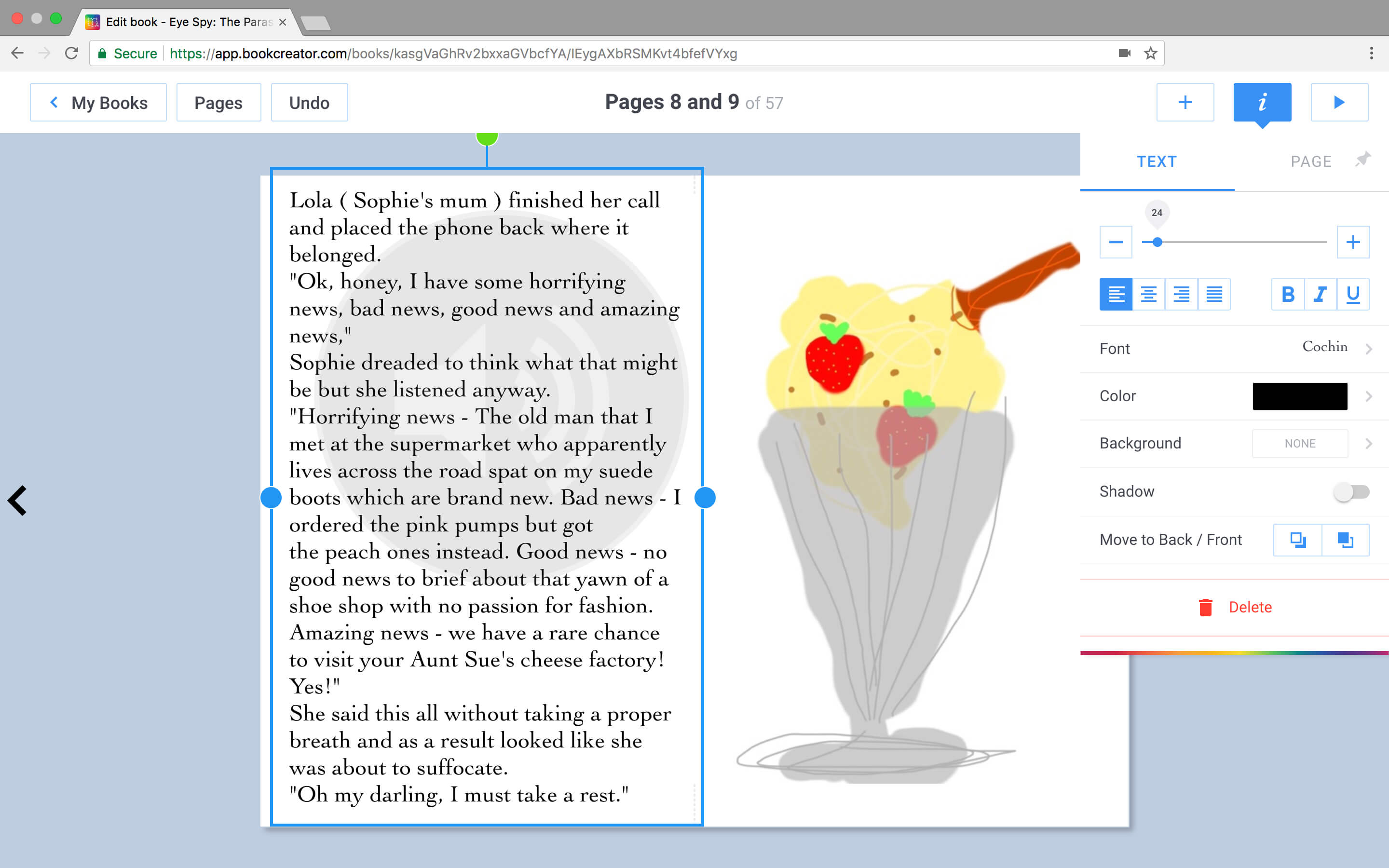 Book Creator: редактор страницы с текстом и иллюстрацией