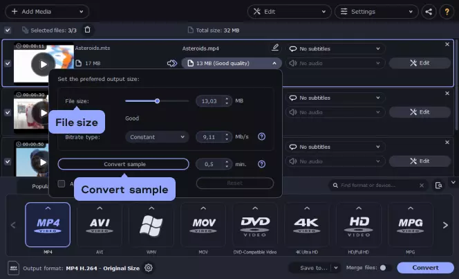 Окно File size в Movavi Video Converter с ползунком размера и кнопкой Convert sample